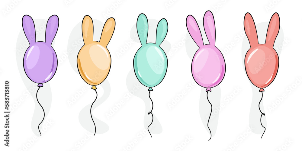 Kolorowe baloniki z króliczymi uszami. Wielkanocna dekoracja. Pięć balonów - fioletowy, żółty, zielony, różowy i czerwony. Balon - królik. Wektorowa ilustracja. - obrazy, fototapety, plakaty 