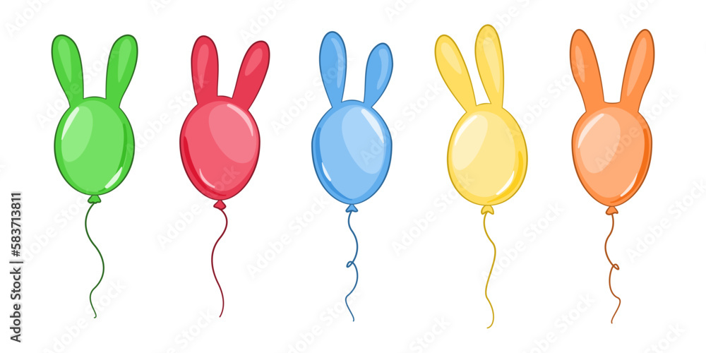 Kolorowe baloniki z króliczymi uszami. Wielkanocna dekoracja. Pięć balonów - zielony, czerwony, niebieski, żółty i pomarańczowy. Balon - królik. Wektorowa ilustracja. - obrazy, fototapety, plakaty 