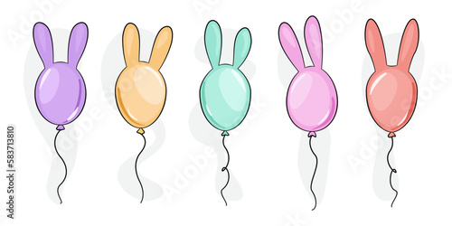 Kolorowe baloniki z króliczymi uszami. Wielkanocna dekoracja. Pięć balonów - fioletowy, żółty, zielony, różowy i czerwony. Balon - królik. Wektorowa ilustracja.
