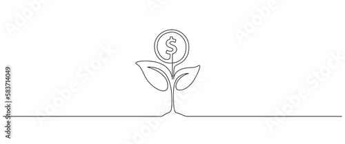 Money plant in One Continuous line drawing. Growing coin tree symbol and finance investment increase concept in simple linear style. Editable stroke. Doodle Vector illustration