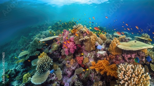 Colorful coral reef with a variety of sea creatures
