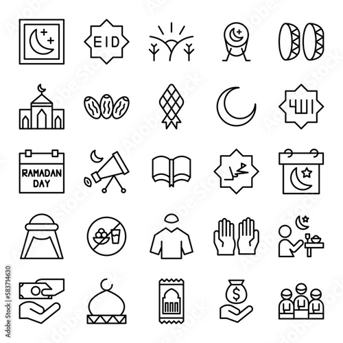 Ramadan (25) icons set in outline style. The collection includes web design, application design, UI design, during Ramadan, Eid, and others.
