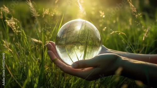 Two hands embracing a glass globe in a lush green meadow with sunlight