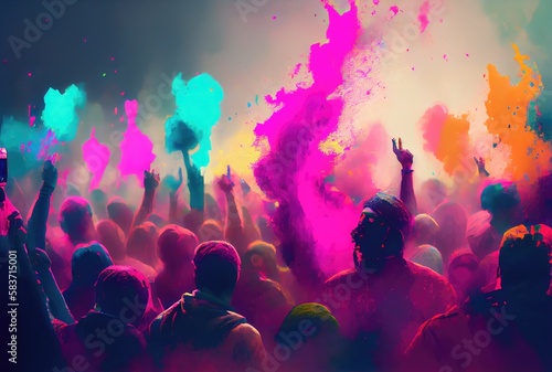 Hindu people with colorful starch powder in Holi festival or festival of colors. Generative AI