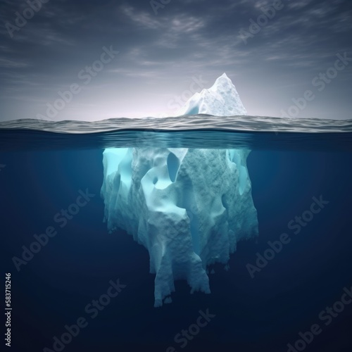 A 3D rendering of an iceberg underwater, highlighting the risk of global warming