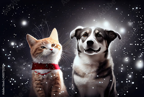 Happy Cat and Dog in Santa Claus costume with bokeh light and snowflakes background. Animal and Christmas day concept. Generative AI