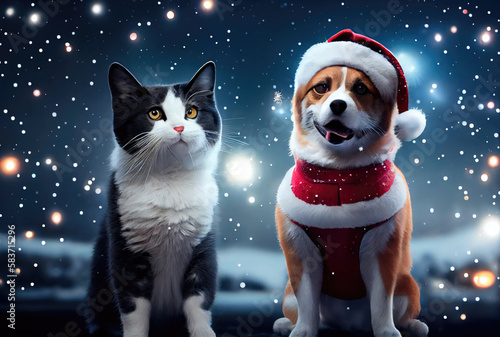 Happy Cat and Dog in Santa Claus costume with bokeh light and snowflakes background. Animal and Christmas day concept. Generative AI