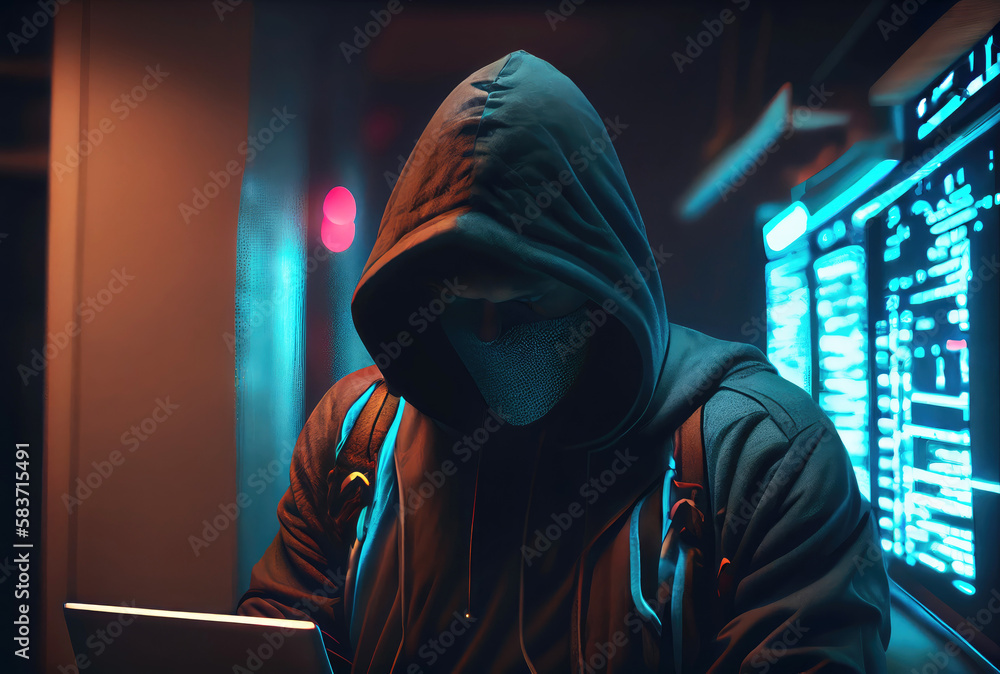Hacker in the black hood in the server room. Unrecognizable people. Technology and Cybersecurity and Criminal concept. Generative AI Hacker in the black hood in the server room. Unrecognizable people. Technology and Cybersecurity and Criminal concept. Generative AI
