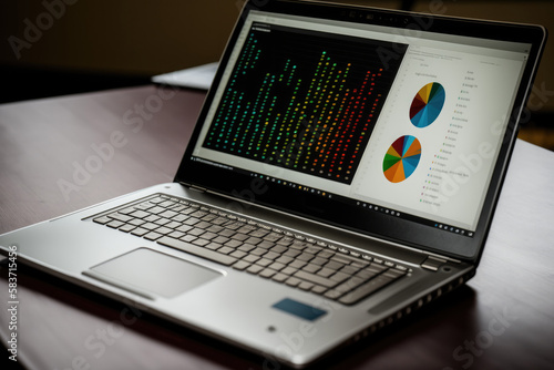 Laptop showing analytical data on a desk. Generative AI © MVProductions