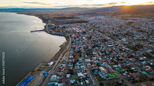 Aerial Drone Fly Above City of Punta Arenas Chile, Panoramic Cityscape in Summer Clear Sky, Ocean, Beautiful Port Town in Patagonia