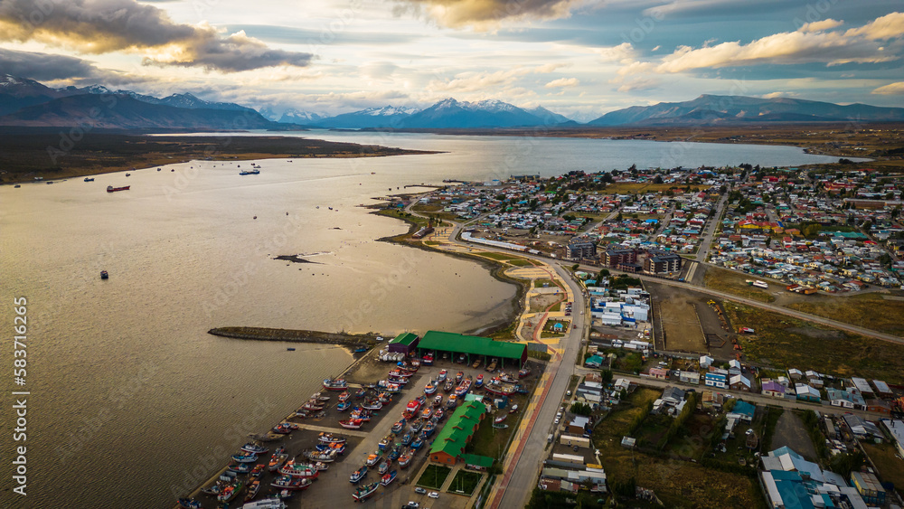 Puerto Natales Chile Aerial View, Torres del Paine National Park, Cityscape, Town, Streets, Montt Gulf Water and Port during Summer Daylight