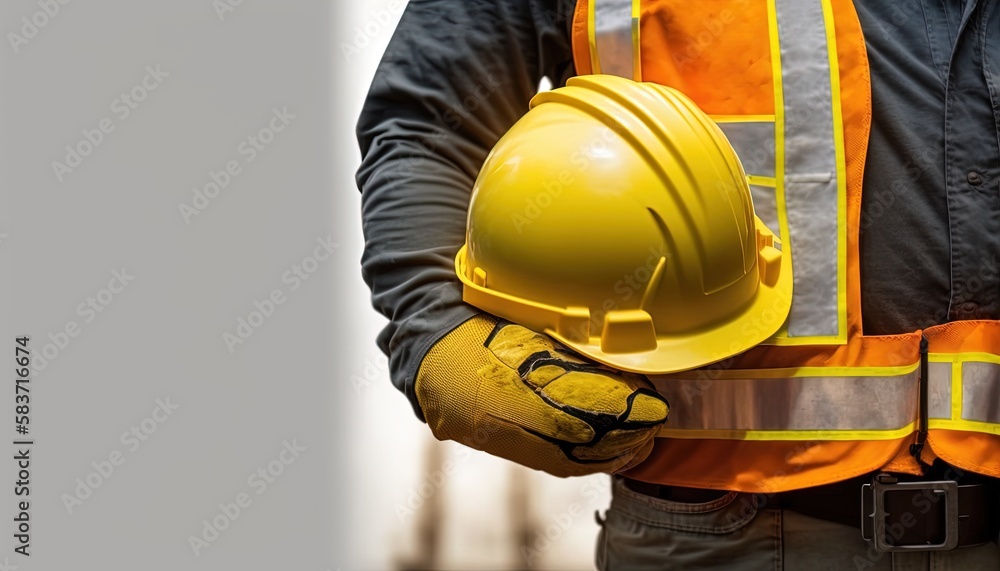 close up Man holding yellow helmet copy space by ai generative close up Man holding yellow helmet copy space by ai generative