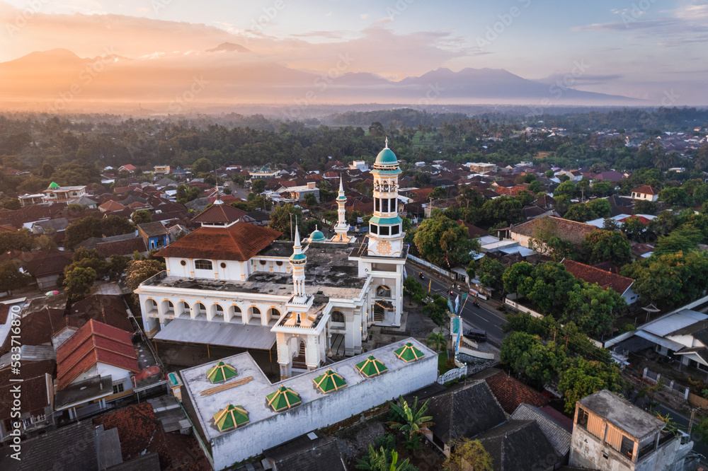 Aerial sunset view of East Lombok regency Mosque