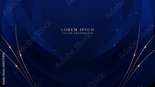 Blue luxury background with golden line, blue curve, shiny dots and glitter light effect. Elegant style vector design