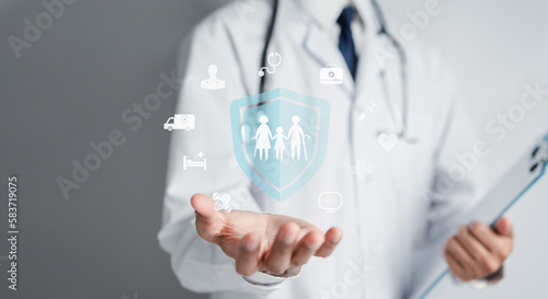 Doctor in uniform with stethoscope hand protection family virtual icon.health care insurance and assurance concept .