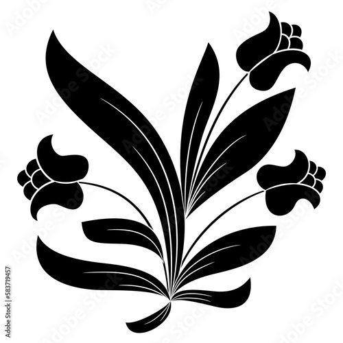 Blooming flower branch with leaves and blossom. Vintage folk style. Black and white negative silhouette.