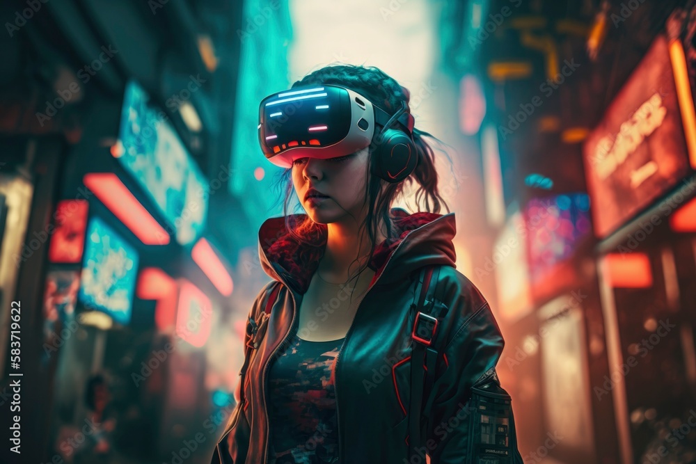 A teenager played virtual reality games,full body, cyberpunk city background, wearing sleek headsets and immersive bodysuits, generative ai