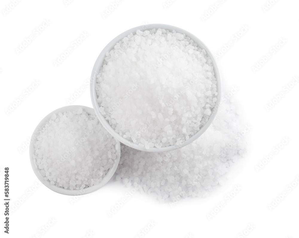 Ceramic bowls with natural sea salt isolated on white, top view Ceramic bowls with natural sea salt isolated on white, top view