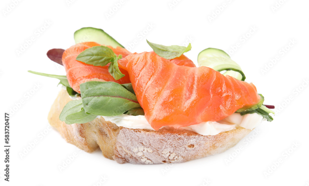 Tasty bruschetta with salmon, cucumbers and herbs on white background Tasty bruschetta with salmon, cucumbers and herbs on white background