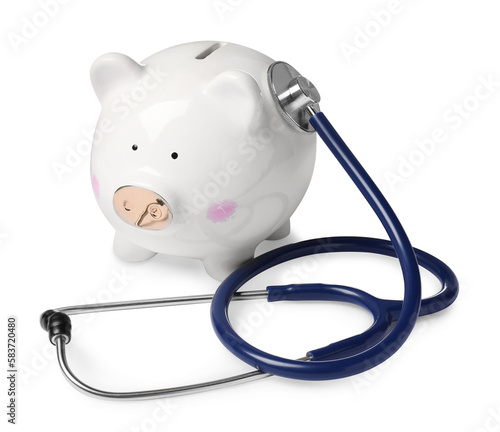 Piggy bank with stethoscope on white background. Medical insurance