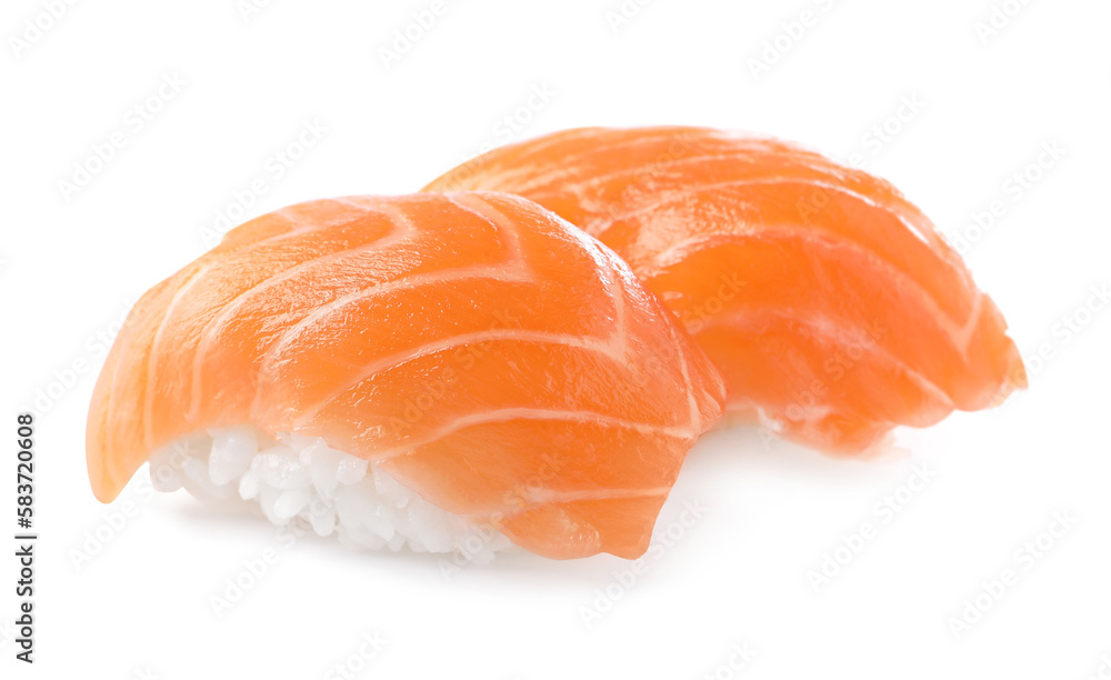 Delicious nigiri sushi with salmon isolated on white Delicious nigiri sushi with salmon isolated on white