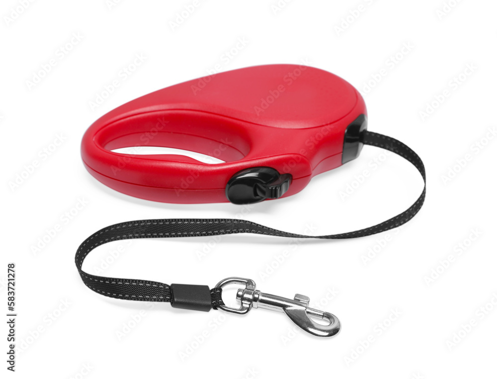 New red dog retractable leash isolated on white New red dog retractable leash isolated on white