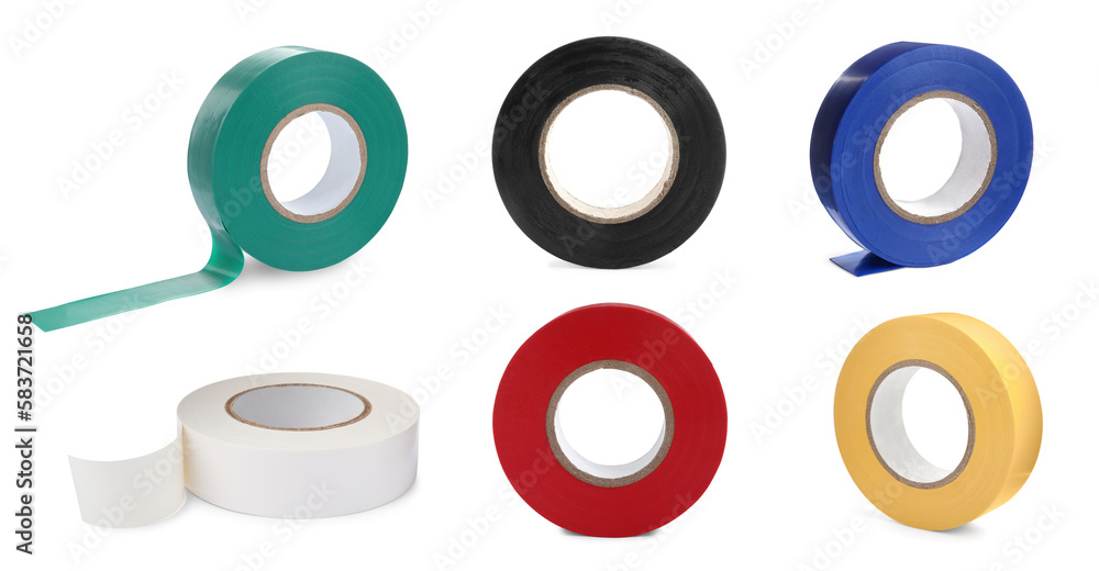 Collage with insulating tapes in different colors on white background Collage with insulating tapes in different colors on white background