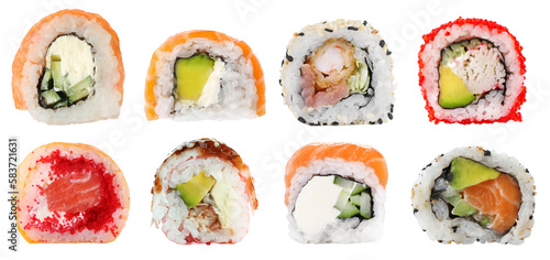 Set of delicious different sushi rolls on white background