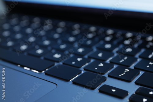 Keyboard of laptop, closeup view. Modern technology