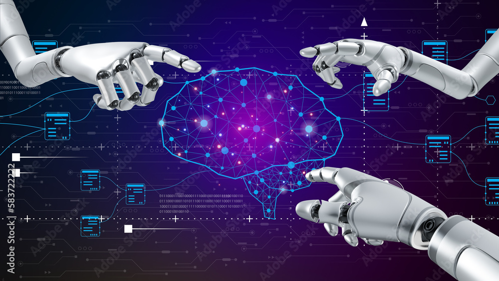 Robot hand with glowing brain on future virtual background. AI ...
