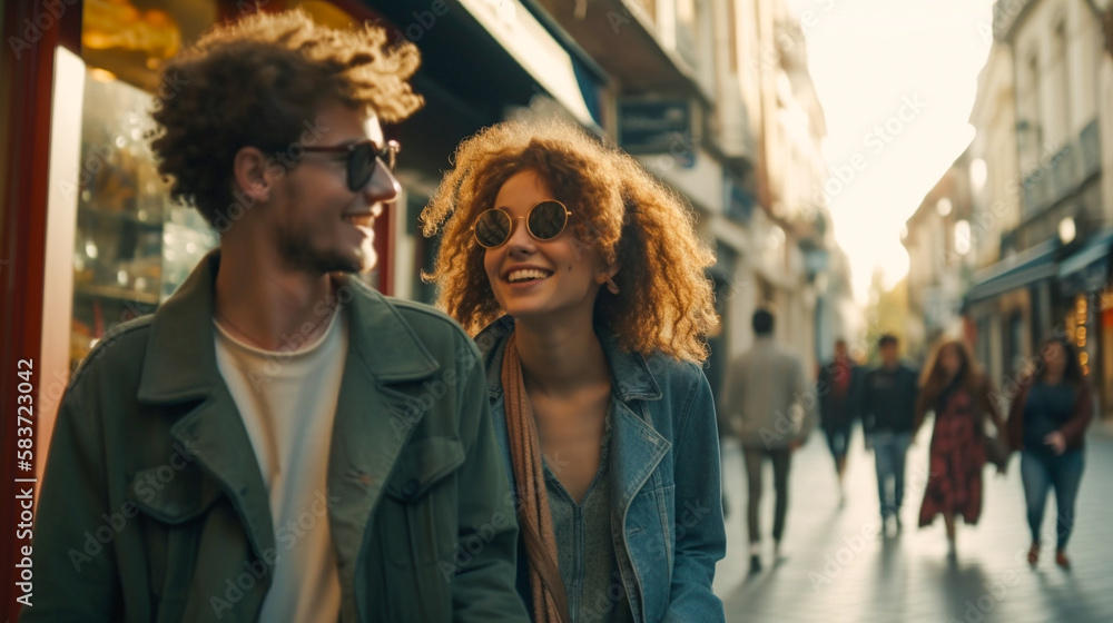 Happy Young Adult Couple Walk Along the Streets of Europe - Generatvie AI. Happy Young Adult Couple Walk Along the Streets of Europe - Generatvie AI.