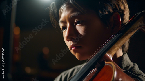 Young Asian Boy Playing His Cello At The Concert Hall Under Dramatic Lights - Generatvie AI.