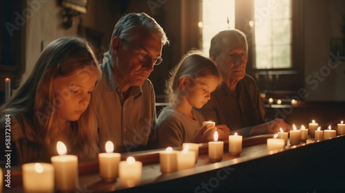 Fotografie, Obraz Solemn Family Prays At the Votive Candles at Church - Generatvie AI