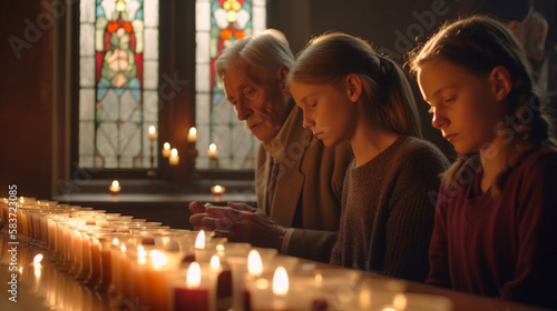 Obraz na plátně Solemn Family Prays At the Votive Candles at Church - Generatvie AI