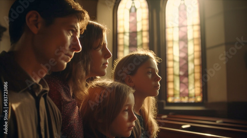 Young Spiritual Family At Church with Beautiful Stained Glass Windows - Generatvie AI.
