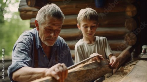 Young Father and Son Work on a Wood Canoe Project Together at their Cabin - Generatvie AI. © Andy Dean