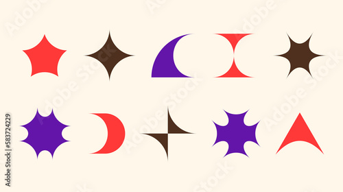 Y2K design element set. Retro futuristic symbols and objects. Collection of primitives in Swiss and bauhaus style. Pack of shapes, stars, sparkles, stickers. Vector background illustration