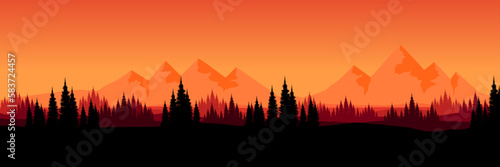 sunrise at mountain with pine tree silhouette flat design vector illustration good for wallpaper, background, backdrop, banner, and design template