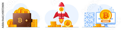 Mining, trading and Investment in cryptocurrency, bitcoin, finance, digital currency, money, blockchain system, flat design vector illustration