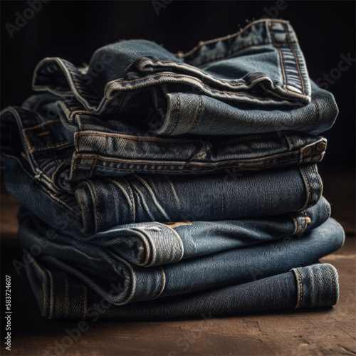 Várias calças jeans em cima da mesa de uma loja criado por IA photo