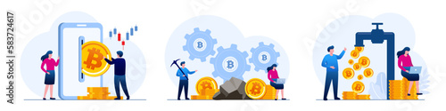 Mining, trading and Investment in cryptocurrency, bitcoin, finance, people with coin, digital currency, money, blockchain system, flat design vector illustration