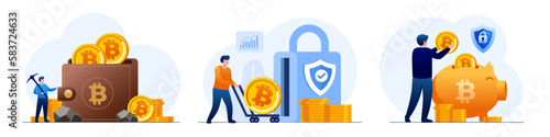 Mining, trading and Investment in cryptocurrency, bitcoin, finance, people with coin, digital currency, money, blockchain system, flat design vector illustration