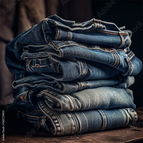 Várias calças jeans em cima da mesa de uma loja criado por IA