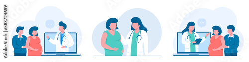 Online consulting pregnant woman with husband, maternity concept, healthcare, doctor. Vector illustration in flat style