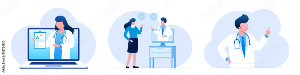 Online medical consultation and support. Online doctor. Healthcare services, Ask a doctor. Family doctor, gynecologist with stethoscope on the laptop screen. Flat vector illustration