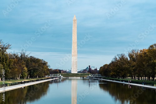 Washington D. C.  United States. November 29, 2022: Washington Monument with blue sky and reflection in the water.