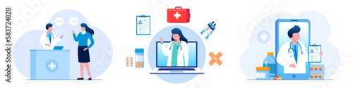 Online medical consultation and support. Online doctor. Healthcare services, Ask a doctor. Family doctor, gynecologist with stethoscope on the laptop screen. Flat vector illustration © yelosmiley