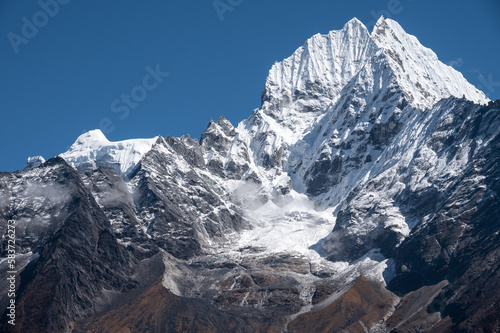 Beautiful view of Mt.Thamserku (6723m) a mountain in the Himalayas of eastern Nepal. Thamserku is a prominent mountain to the east of Namche Bazaar.