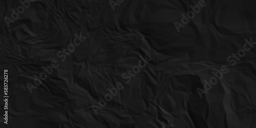 Dark Black facbric paper backdrop crumpled texture. dark black textured crumpled black paper background. panorama black paper texture background  crumpled pattern.