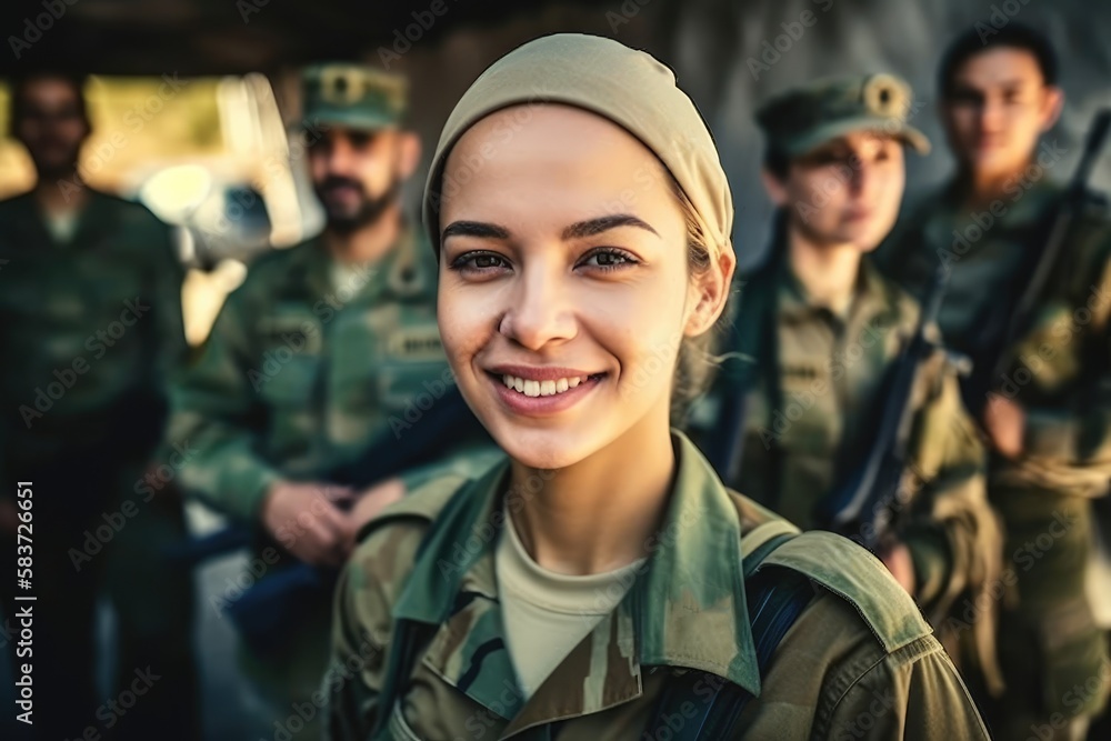 Fototapeta premium Smiling Young female adult soldier in a soldier's uniform together with other soldiers in a soldier's uniform on a mission. Generative AI
